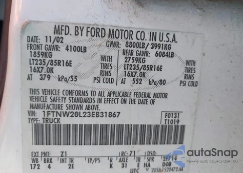 2003 Ford F-250 Lariat/Xl/Xlt z USA, uszkodzony, nr VIN 1FTNW20L23EB31867